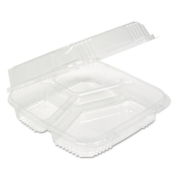 FOOD TRAYS CONTAINERS LIDS | Pactiv Corp. YCI811230000 Clearview 3 Compartment 5 oz. Hinged Lid Food Containers - Clear (200/Carton)