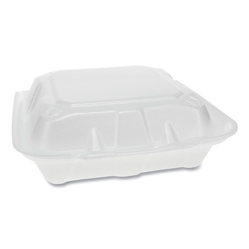 Food Trays, Containers, and Lids | Pactiv Corp. YTD188030000 8.42 in. x 8.15 in. x 3 in. Dual Tab Lock Foam Hinged Lid Containers - White (150/Carton) image number 0
