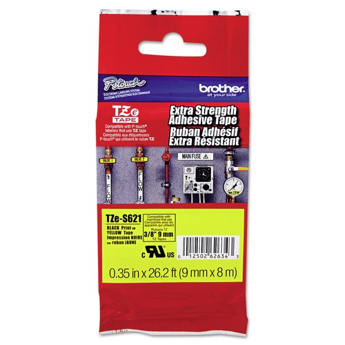 Labels | Brother P-Touch TZES621 0.35 in. x 26.2 ft. TZe Laminated Removable Label Tapes - Black on Yellow image number 0
