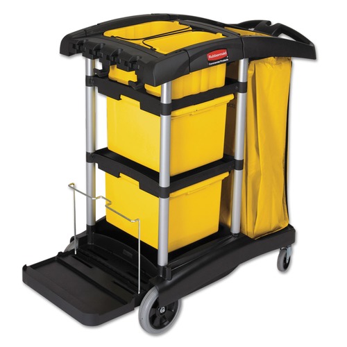 Labor Day Sale | Rubbermaid Commercial HYGEN FG9T7300BLA 22 in. x 48-1/4 in. x 44 in. Hygen M-Fiber Healthcare Cleaning Cart - Black/Yellow/Silver image number 0
