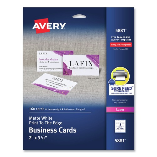 Copy & Printer Paper | Avery 05881 2 in. x 3.5 in. Color Laser Print-to-the-Edge Microperf Business Cards with Sure Feed Technology - White (160/Pack) image number 0
