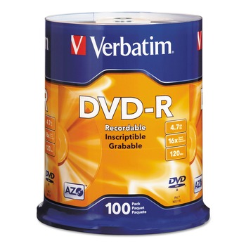 Verbatim 95102 4.7 GB 16X DVD-R Discs Spindle - Silver (100/Pack)