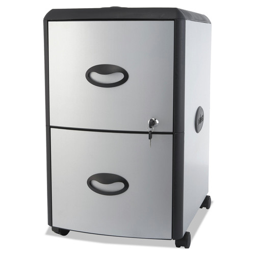 Office Filing Cabinets & Shelves | Storex 61352U01C 19 in. x 15 in. x 23 in. 2 Letter File Drawers Mobile Filing Cabinet with Metal Siding and Top-Drawer Organizer Tray - Silver/Black image number 0