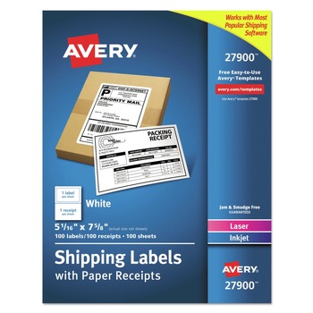 Avery 27900 5.06 in. x 7.63 in. Inkjet/Laser Printers Shipping Labels with Paper Receipt Bulk Pack - White (100/Box)