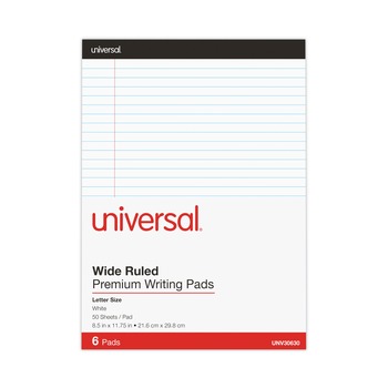 Universal UNV30630 8.5 in. x 11 in. Premium Wide/Legal Ruled Writing Pads with Heavy-Duty Back - Black Headband (6/Pack)