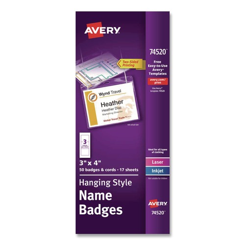 Label & Badge Holders | Avery 74520 4 x 3 Top-Load Necklace-Style Badge Holder with Laser/Inkjet Insert - White (50/Box) image number 0