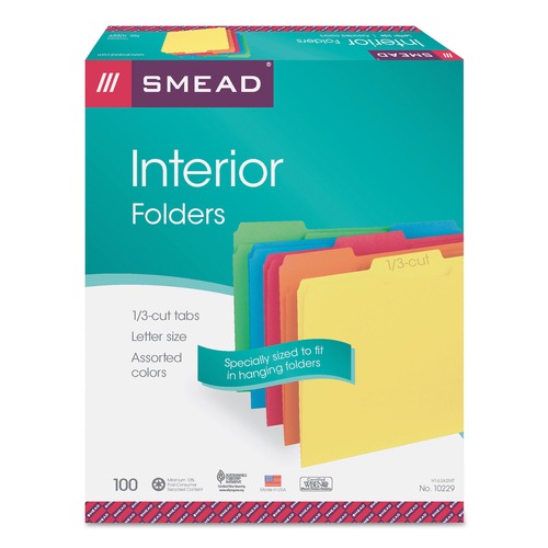 File Folders | Smead 10229 Interior File Folders with 1/3-Cut Tabs - Letter, Assorted (100/Box) image number 0