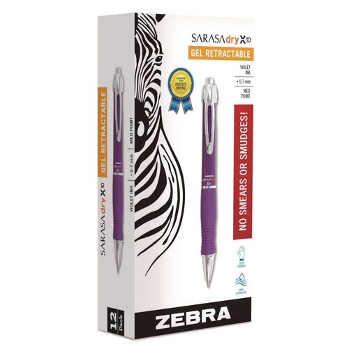 Pens | Zebra 42680 Sarasa Dry X10 Medium 0.7 millimeter Retractable Gel Pen - Violet Ink/Violet/Silver Barrel (1-Dozen) image number 0