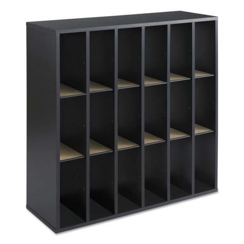 Filing Racks | Safco 7765BL 33.75 in. x 12 in. x 32.75 in. 18 Compartments Stackable Wood Mail Sorter with Adjustable Dividers - Black image number 0