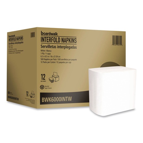 Paper Towels and Napkins | Boardwalk BWK6000INTW 6.3 in. x 8.5 in. 1-Ply Interfold Napkins - White (12/Carton) image number 0