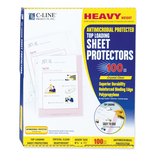Back to School Sale | C-Line 62033 3-Hole Punched 8.5 in. x 11 in. Insert Heavy-Duty Polypropylene Sheet Protectors with Antimicrobial Protection - Clear (100/Box) image number 0