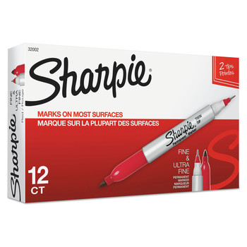 Sharpie 32002 Twin-Tip Permanent Marker - Extra-Fine/Fine Bullet Tips/Red (1-Dozen)