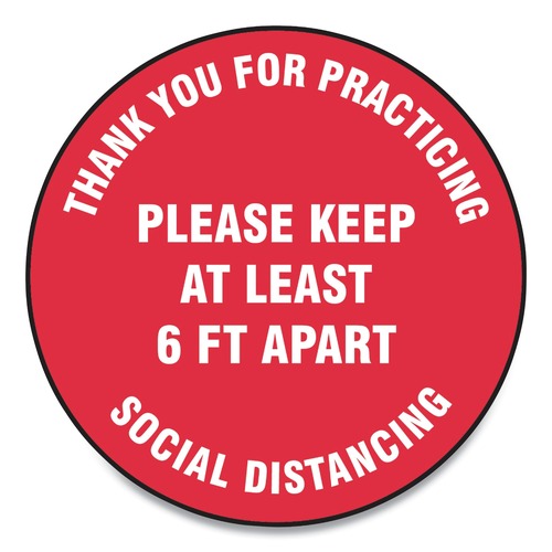 Floor Signs & Safety Signs | GN1 MFS423ESP 17 in. Circle "Thank You For Practicing Social Distancing Please Keep At Least 6 ft. Apart" Slip-Gard Floor Signs - Red (25/Pack) image number 0