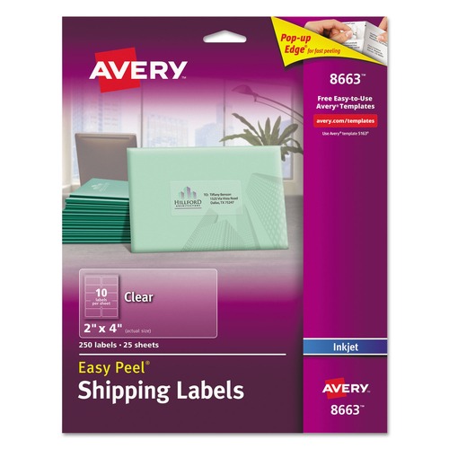 Just Launched | Avery 08663 2 in. x 4 in. Easy Peel Mailing Labels with Sure Feed Technology - Clear (10/Sheet, 25 Sheets/Pack) image number 0