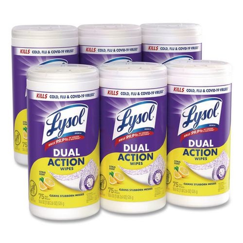 Hand Wipes | LYSOL Brand 19200-81700 7 in. x 7.5 in. 1-Ply Dual Action Disinfecting Wipes - Citrus, White/Purple (6 Canisters/Carton) image number 0
