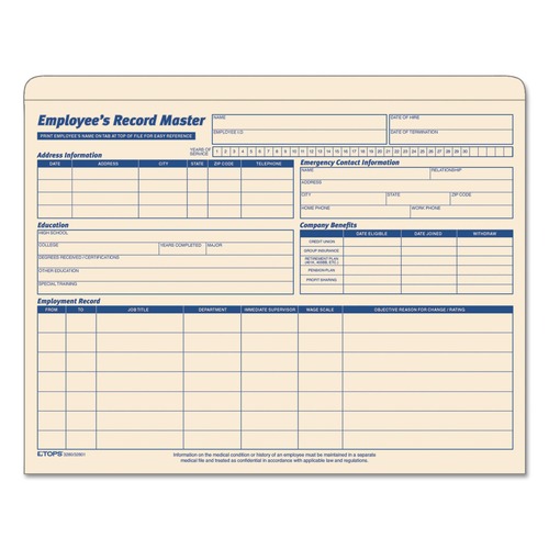 File Folders | TOPS 3280 Letter Size Straight Tab Employee Record Master File Jacket - Manila (20/Pack) image number 0