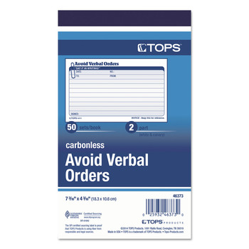 TOPS 46373 50 Forms Total Two-Part Carbonless 6.25 in. x 4.25 in. Avoid Verbal Orders Manifold Book