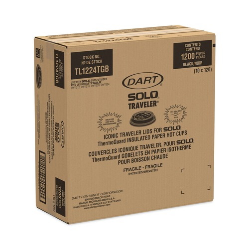 Cups and Lids | Dart TL1224TGB Solo Traveler Sip Through Lids for ThermoGuard 12 oz to 24 oz Hot Cups - Black (1200/Carton) image number 0