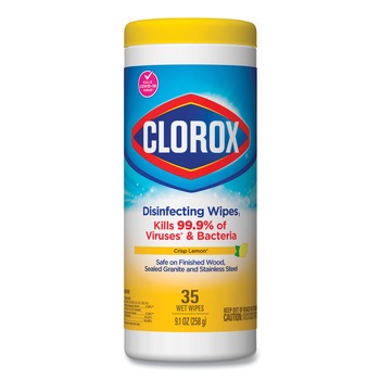 Clorox 01594 7 in. x 8 in. 1-Ply Disinfecting Wipes - Crisp Lemon, White (35/Canister)