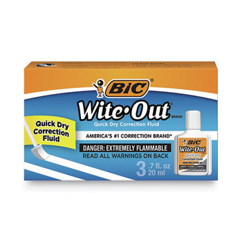 BIC WOFQD324 Wite-Out 20 milliliter Bottle Quick Dry Correction Fluid - White (3/Pack)
