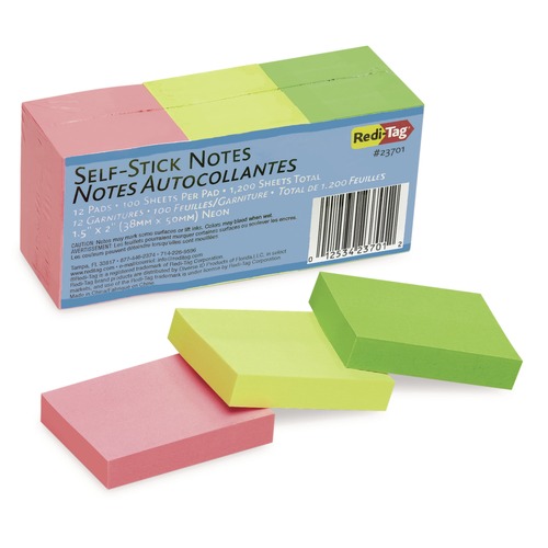 Notebooks & Pads | Redi-Tag B23701 1.5 in. x 2 in. Self-Stick Notes - Assorted Neon Colors (12/Pack) image number 0