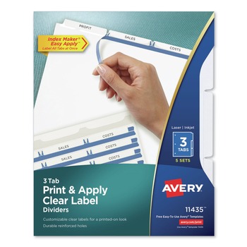 Avery 11435 Index Maker 11 in. x 8.5 in. 3-Tab Print and Apply Clear Label Dividers - White/White Tabs (5/Pack)