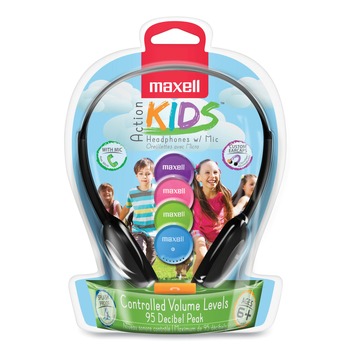 Maxell 195004 4 ft. Cord Kids Safe Headphones with Inline Microphone - Black with Interchangeable Pink/Blue/Silver Caps