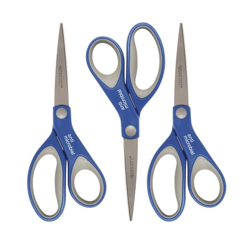 Back to School Sale | Westcott 17837 8 in. Long 3.25 in. Cut Length Scissors with Antimicrobial Protection - Straight Blue/Gray Handle (3/Pack) image number 0