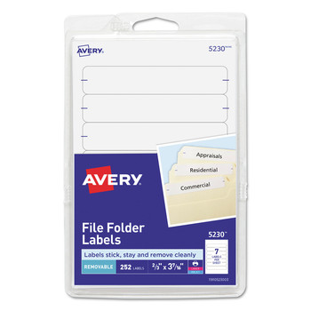 Avery 05230 Removable 0.66 in. x 3.44 in. File Folder Labels Sure Feed Technology - White (7/Sheet, 36 Sheets/Pack)