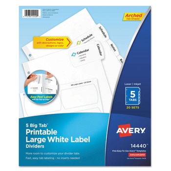 Avery 14440 11 x 8.5 Big Tab Printable Label 5-Tab Dividers - White/Large (20/Pack)