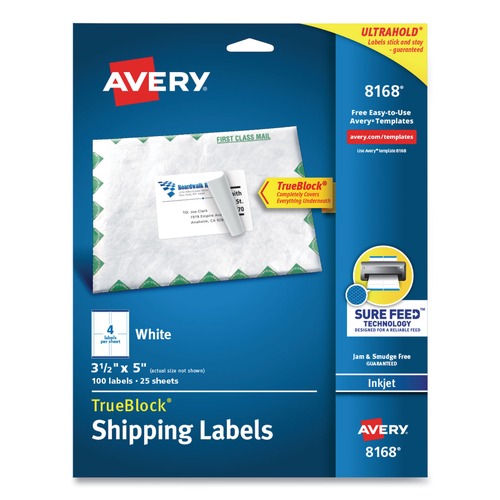 Labels | Avery 08168 3.5 in. x 5 in. Shipping Labels with TrueBlock Technology - White (4/Sheet, 25 Sheets/Pack) image number 0
