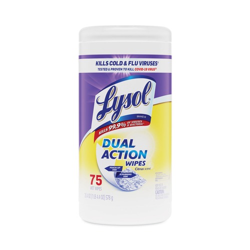 Hand Wipes | LYSOL Brand 19200-81700 7 in. x 7.5 in. 1-Ply Dual Action Disinfecting Wipes - Citrus Scent White/Purple image number 0