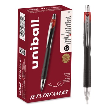 uni-ball 73834 Jetstream 1 mm Retractable Hybrid Gel Pen - Red Ink/Black/Silver/Red Barrel/Bold (1-Dozen)