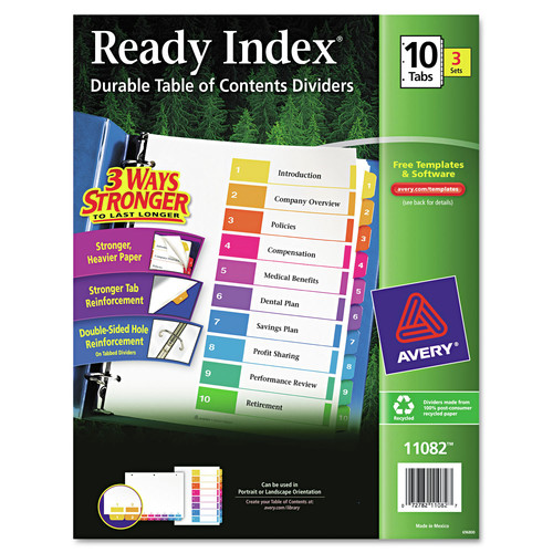 Back to School Sale | Avery 11082 Ready Index 11 in. x 8.5 in. 10-Tab 1 to 10 Customizable Table of Contents Dividers with Multicolor Tabs - White (3/Pack) image number 0