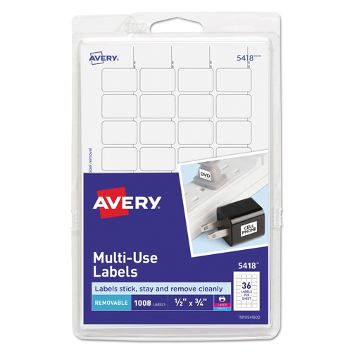 Labels | Avery 05418 0.5 in. x 0.75 in. Removable Multi-Use Labels for Inkjet/Laser Printers - White (36/Sheet, 28 Sheets/Pack) image number 0