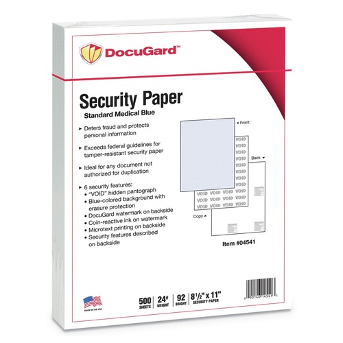 Retail Store Supplies | DocuGard 04541 8.5 in. x 11 in. 24 lbs. Bond Weight Medical Security Papers - Blue (1-Ream) image number 0