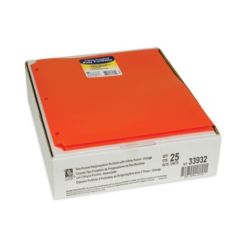 C-Line 33932 11 in. x 8.5 in. 3-Hole Punch Two-Pocket Heavyweight Poly Portfolio Folder - Orange (25/Box)