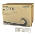 Cutlery | Boardwalk BWK4COMBOKITPP 4-Piece Mediumweight Polypropylene Plastic Fork/Knife/Napkin/Spoon Cutlery Kit - White (250/Carton) image number 0