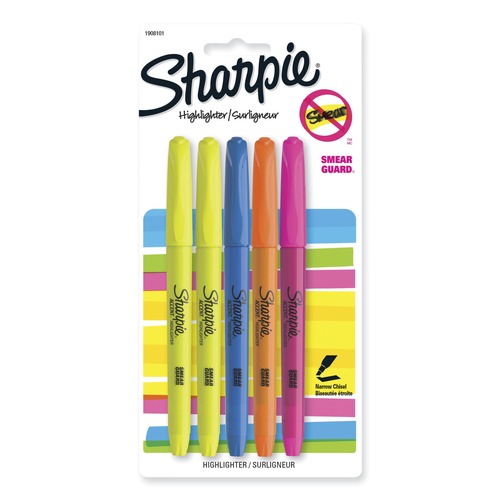 Highlighters | Sharpie 1908101 Chisel Tip Pocket Style Highlighters - Assorted Ink/Barrel Colors (5/Set) image number 0