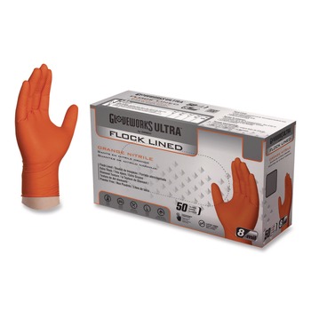 Ammex GWUOFN46050 9.06 in. 6 mil Ultra Industrial Flock-Lined Nitrile Disposable Gloves - Large/Orange (500/Carton)