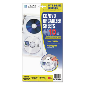 C-Line 61958 4-Disc Capacity Deluxe CD Ring Binder Storage Pages - Clear/White (10/Pack)