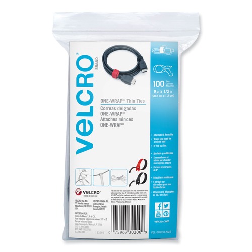 Office Cable Management | Velcro VEL-30200-AMS ONE-WRAP 0.5 in. x 8 in. Ties and Straps - Black, Red (100/Pack) image number 0