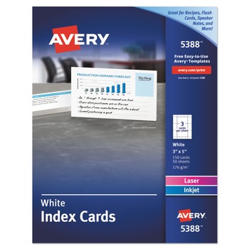 Avery 05388 3 in. x 5 in. Unruled Printable Index Cards with Sure Feed for Inkjet/Laser Printers - White (150 Cards, 3 Cards/Sheet, 50 Sheets/Box)