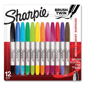Sharpie 2168237 Ultra-Fine/Brush Tip Permanent Markers - Assorted Colors (12/Pack)