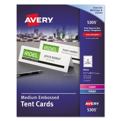 Just Launched | Avery 05305 2.5 in. x 8.5 in. Medium Embossed Tent Cards - White (2 Cards/Sheet, 50 Sheets/Box) image number 0