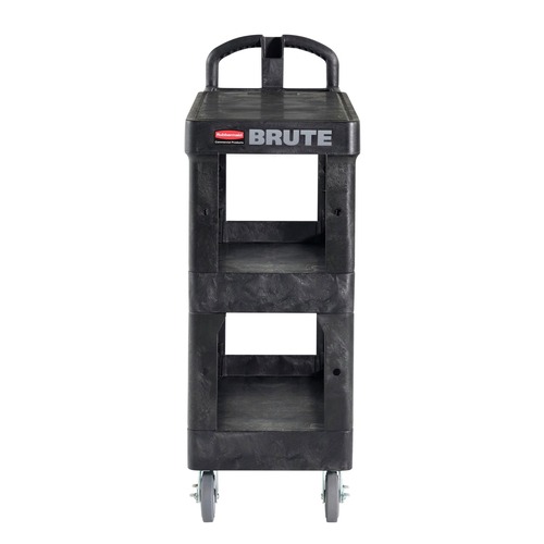 Cleaning Carts | Rubbermaid Commercial 2203280 BRUTE 25.24 in. x 48.63 in. x 46.18 in. 3 Shelves 600 lb Capacity Resin 3-Shelf Heavy-Duty Ergo Flat Utility Cart - Black image number 0