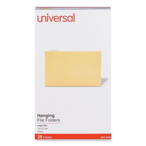 File Folders | Universal UNV14219 1/5-Cut Tab Deluxe Bright Color Hanging File Folders - Legal Size, Yellow (25/Box) image number 0