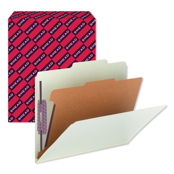 Smead 13776 2/5-Cut Tab Pressboard Classification Folders with 4 SafeSHIELD Fasteners - Letter Size/Gray-Green (10/Box)