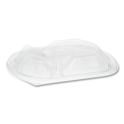 Food Trays, Containers, and Lids | Pactiv Corp. YCN8467H00D0 9.38 x 8 x 1.25 ClearView MealMaster 2-Compartment Dome Plastic Lid with Fog Gard Coating - Clear (252/Carton) image number 0