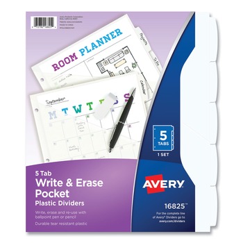 Avery 16825 5-Tab 11.13 in. x 9.25 in. Write and Erase Durable Plastic Dividers with Straight Pocket - White (1-Set)